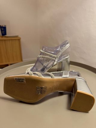 Sandalo donna tacco largo strass argento