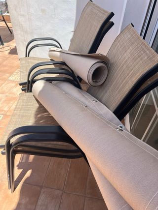 Pérgola de madera, tela toldo chenila beige