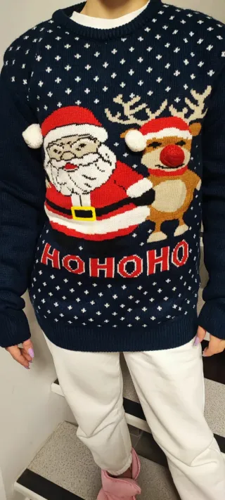 Maglione natalizio blu con Babbo Natale