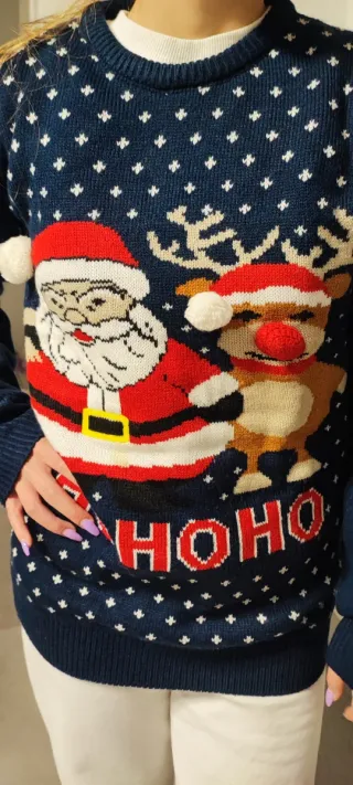 Maglione natalizio blu con Babbo Natale