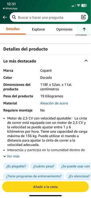 Cinta de correr con mando e inclinación