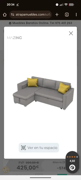 Sofá Chaise Longue Cama Gris 236cm