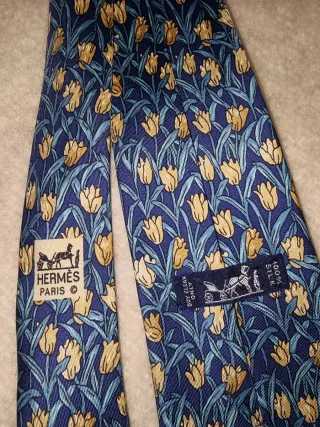 Cravatta Hermes 100% Seta Blu Giallo