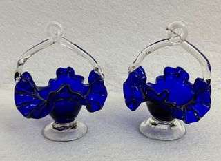 Coppia Cestini Vetro Murano Blu Antichi