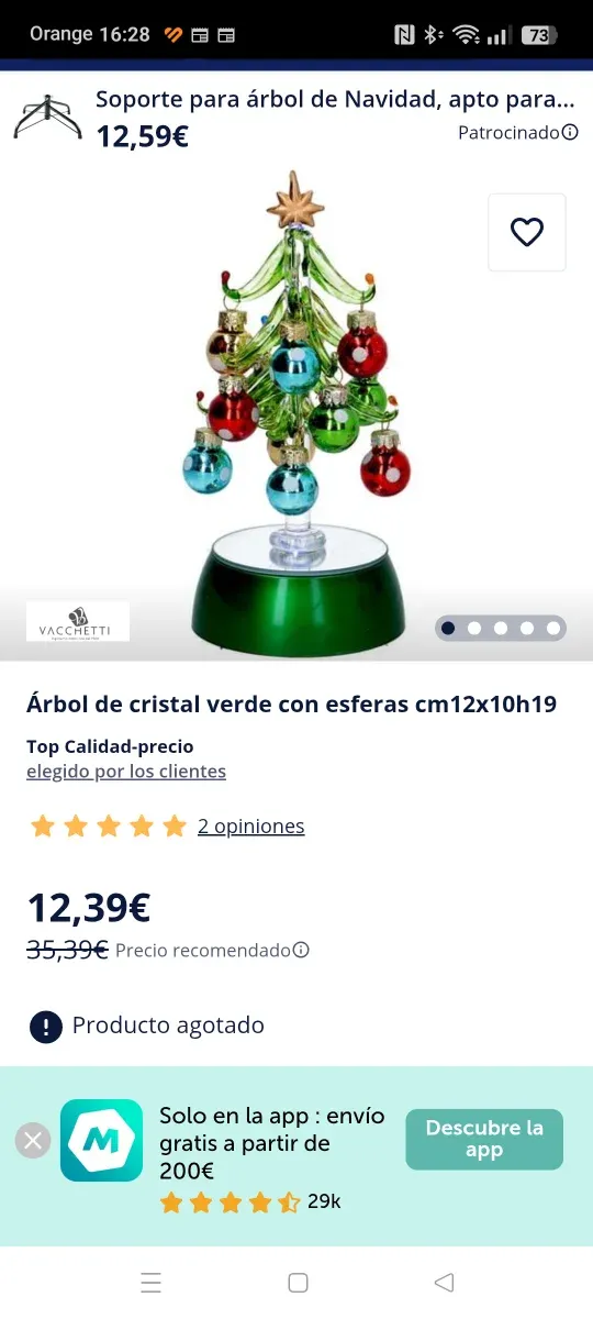 Árbol de cristal con luces y bolas 8x18 cm