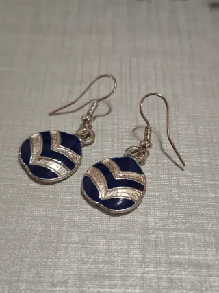 Pendientes Plata 925 Ovalados Azul y Plata. 3cm.