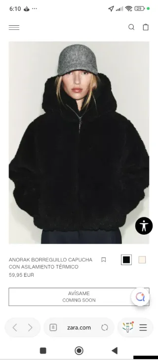 Anorak Zara Borreguillo Capucha Negro