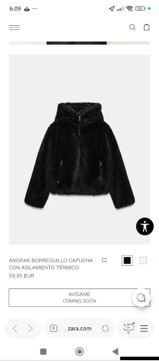 Anorak Zara Borreguillo Capucha Negro