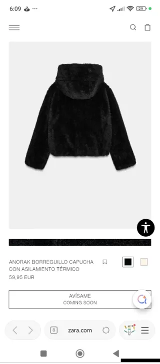 Anorak Zara Borreguillo Capucha Negro