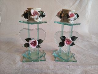 Coppia Portacandele Vetro Cuore Rose