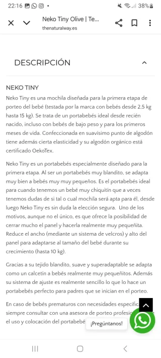 Mochila portabebé Neko Tiny Verde Oliva