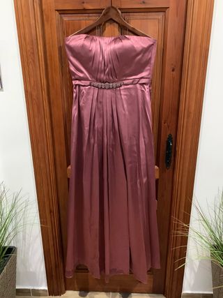 Vestido fiesta largo raso rosa y bolso (opcional)