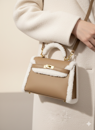 Borsa da donna beige e bianca a tracolla camoscio