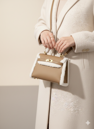 Borsa da donna beige e bianca a tracolla camoscio