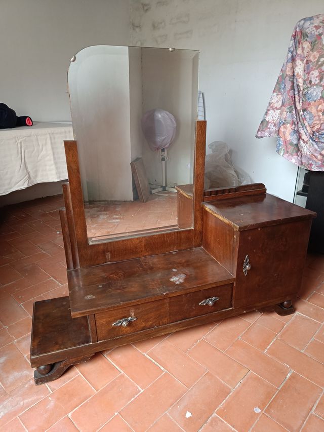 Tocador Antiguo Art Decó Madera y Cristal