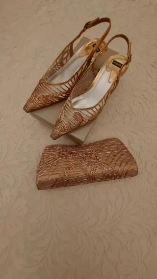 Zapatos y bolso de fiesta dorados