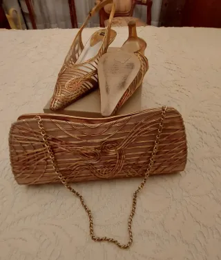 Zapatos y bolso de fiesta dorados