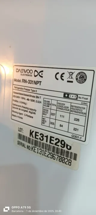 Nevera Combi Daewoo No Frost A+