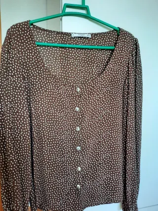 Blusa Mango Viscosa Lunares Marrón y Blanco