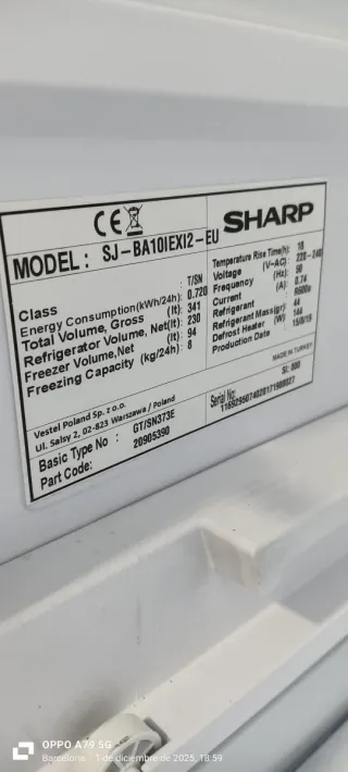 Nevera Sharp Acero Inoxidable no Frost energía A++