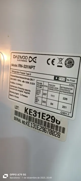 Nevera Combi Daewoo no Frost energía A+