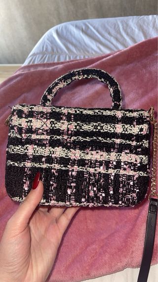 Bolso tweed negro y rosa