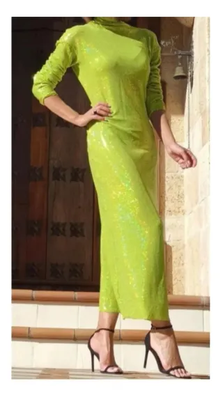 Vestido Verde Lima Lentejuelas Brillo Talla M