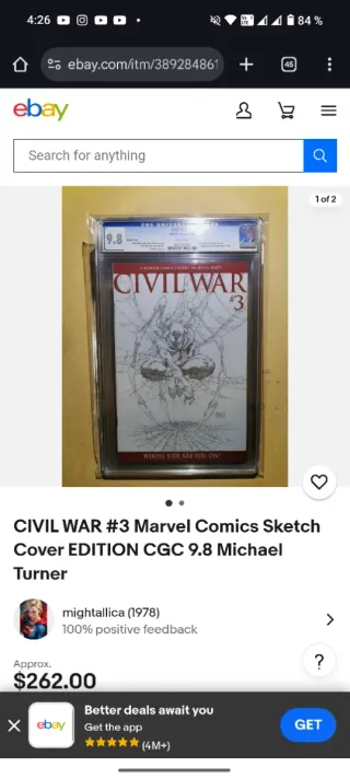 Marvel civil war 3 squetch variant firmado cgc 9.8