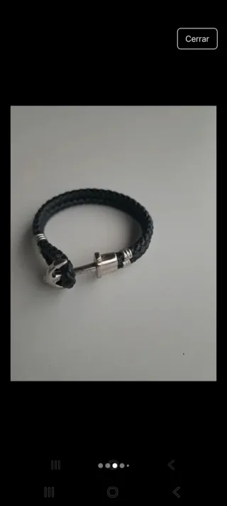 Pulsera cuero trenzado ancla plata