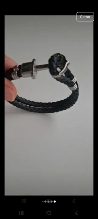Pulsera cuero trenzado ancla plata