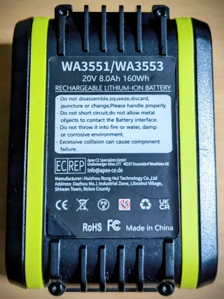 Batería 20V 8.0Ah para workx de 4 pins.