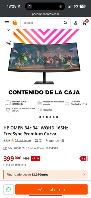 Monitor para Ordenador HP Omen Curvo 34 WQHD 165Hz