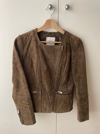 Chaqueta Biker Mango Piel Ante Marrón Talla S