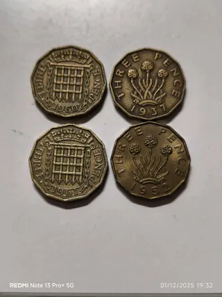 Lotto 4 monete 3 Pence