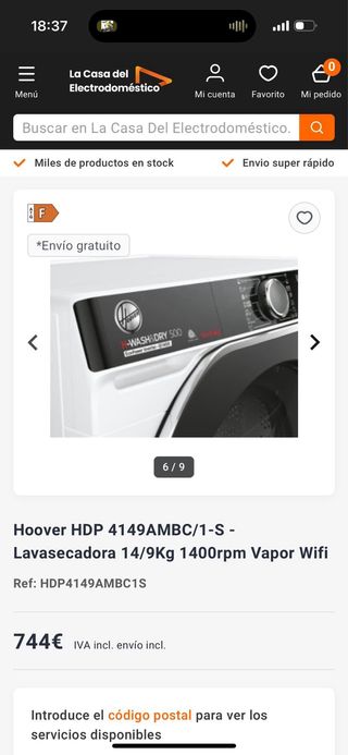 Lavadora Secadora Hoover 14/9Kg 1400rpm Wifi nueva