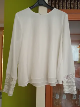 Blusa Zara Mujer Blanca Encaje Manga Larga