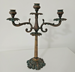 Antico Candelabro Bronzo 35cm 3 Fiamme