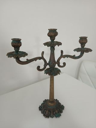 Antico Candelabro Bronzo 35cm 3 Fiamme