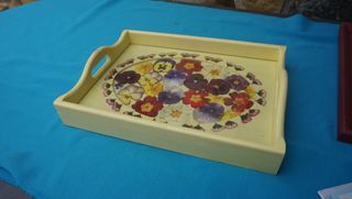 Vassoio in legno vintage con fiori 35x26x7cm nuovo