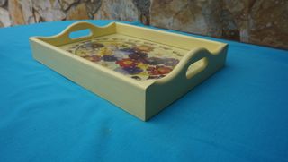 Vassoio in legno vintage con fiori 35x26x7cm nuovo
