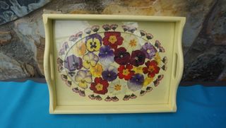 Vassoio in legno vintage con fiori 35x26x7cm nuovo