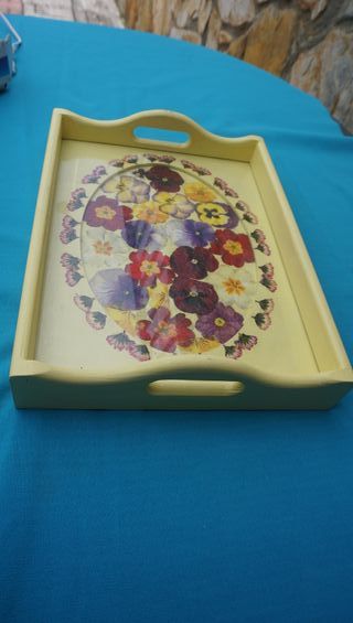 Vassoio in legno vintage con fiori 35x26x7cm nuovo