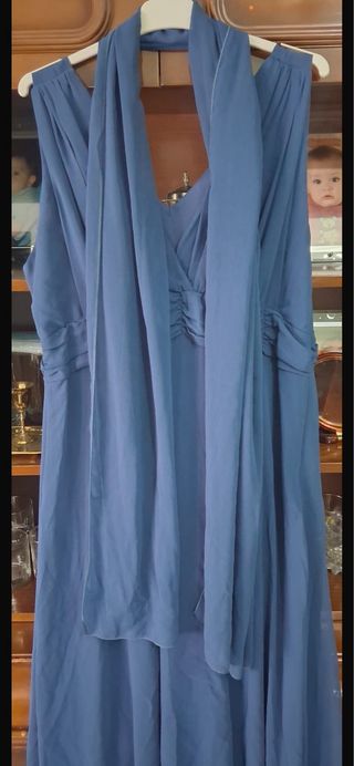 vestido fiesta, chaqueta, fular azul petróleo