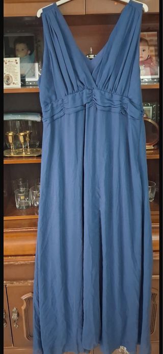 vestido fiesta, chaqueta, fular azul petróleo