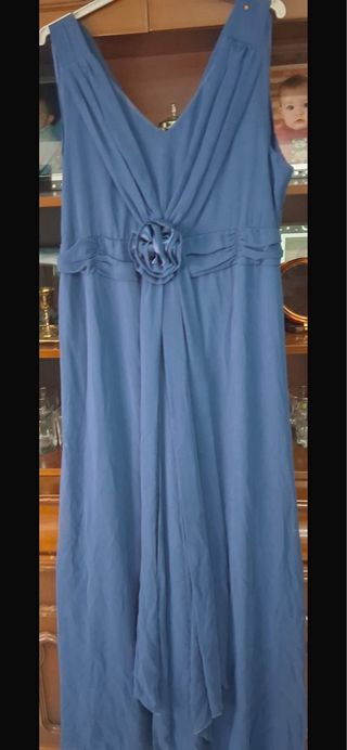 vestido fiesta, chaqueta, fular azul petróleo