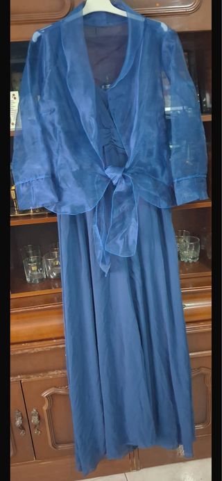 vestido fiesta, chaqueta, fular azul petróleo