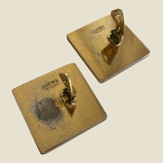 Pendientes Loewe 1980s Cuadrados Dorado y Piel Cro