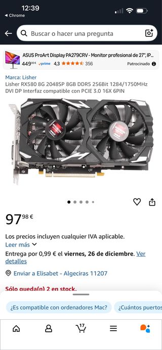 Lisher RX580 8GB GDDR5 Tarjeta Gráfica