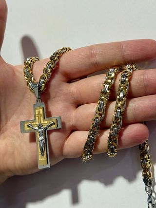 Collana croce Gesù oro/argento - 60cm acciaio inox