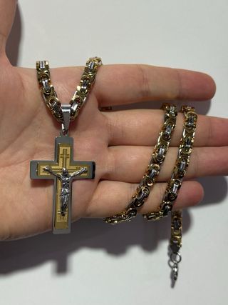 Collana croce Gesù oro/argento - 60cm acciaio inox